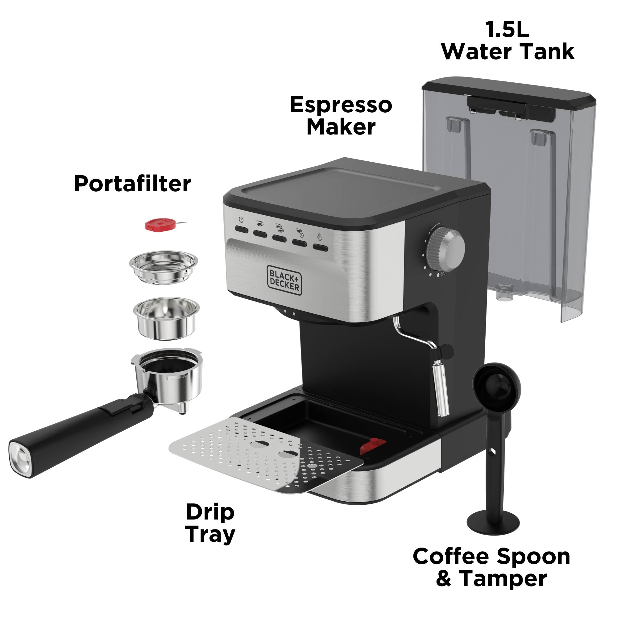 Black and Decker espresso maker with labeled parts on a white background
