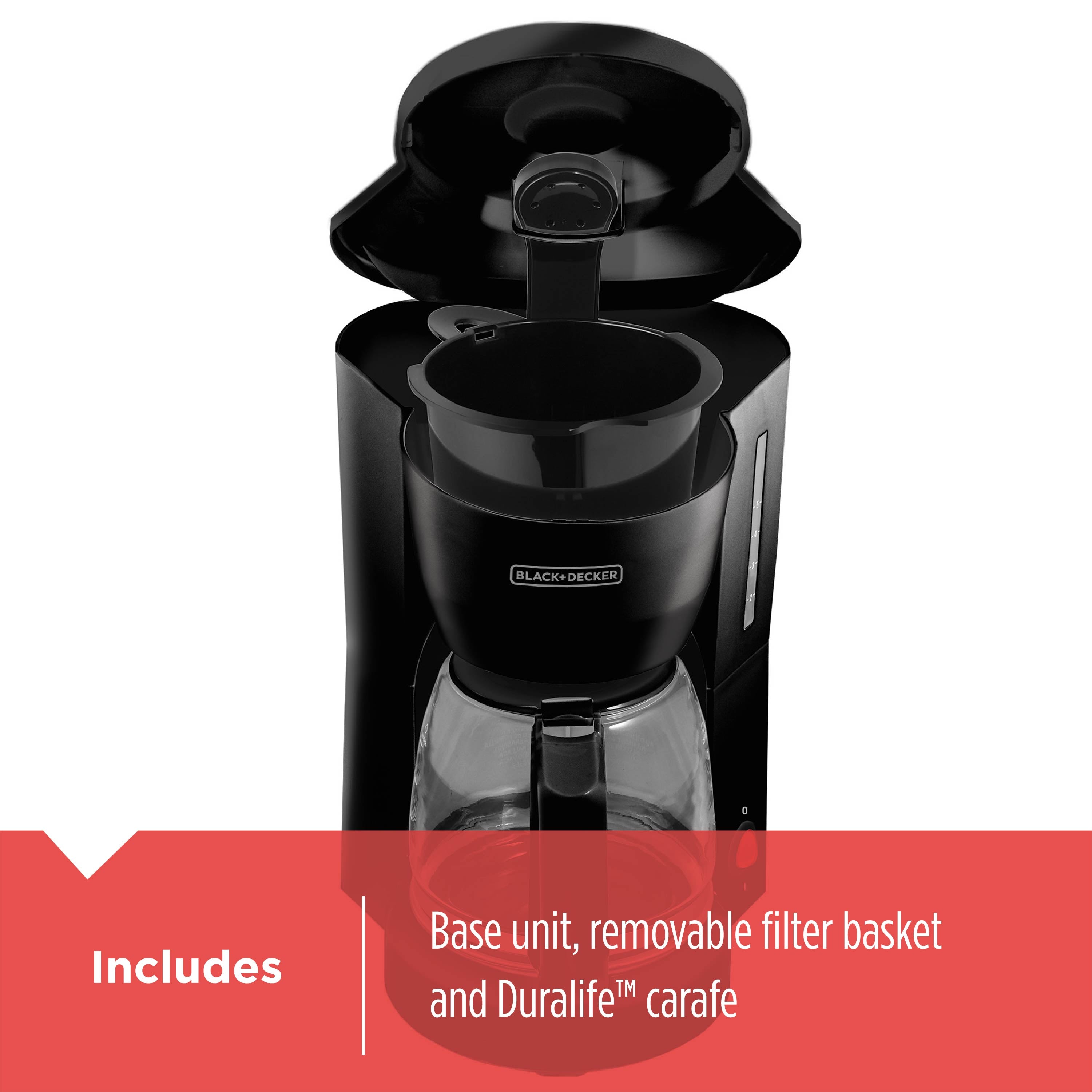 Black coffee maker with removable filter basket on a white background