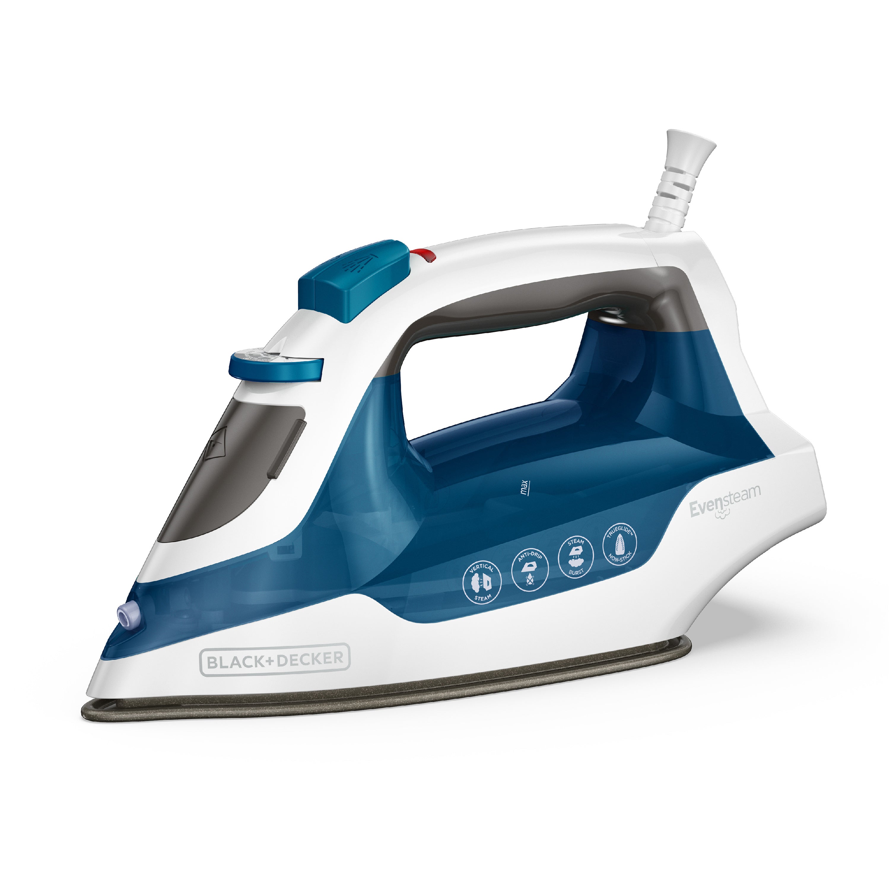 White and blue steam iron with visible brand logos on a white background