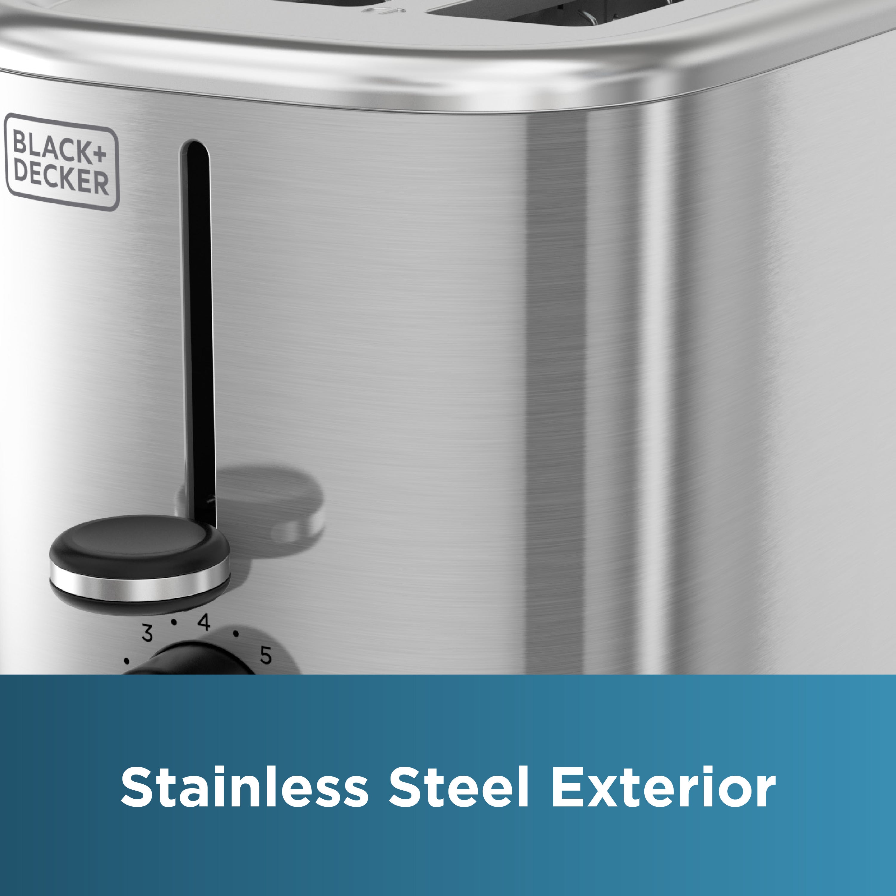 Stainless steel toaster with Black+Decker branding on a white background