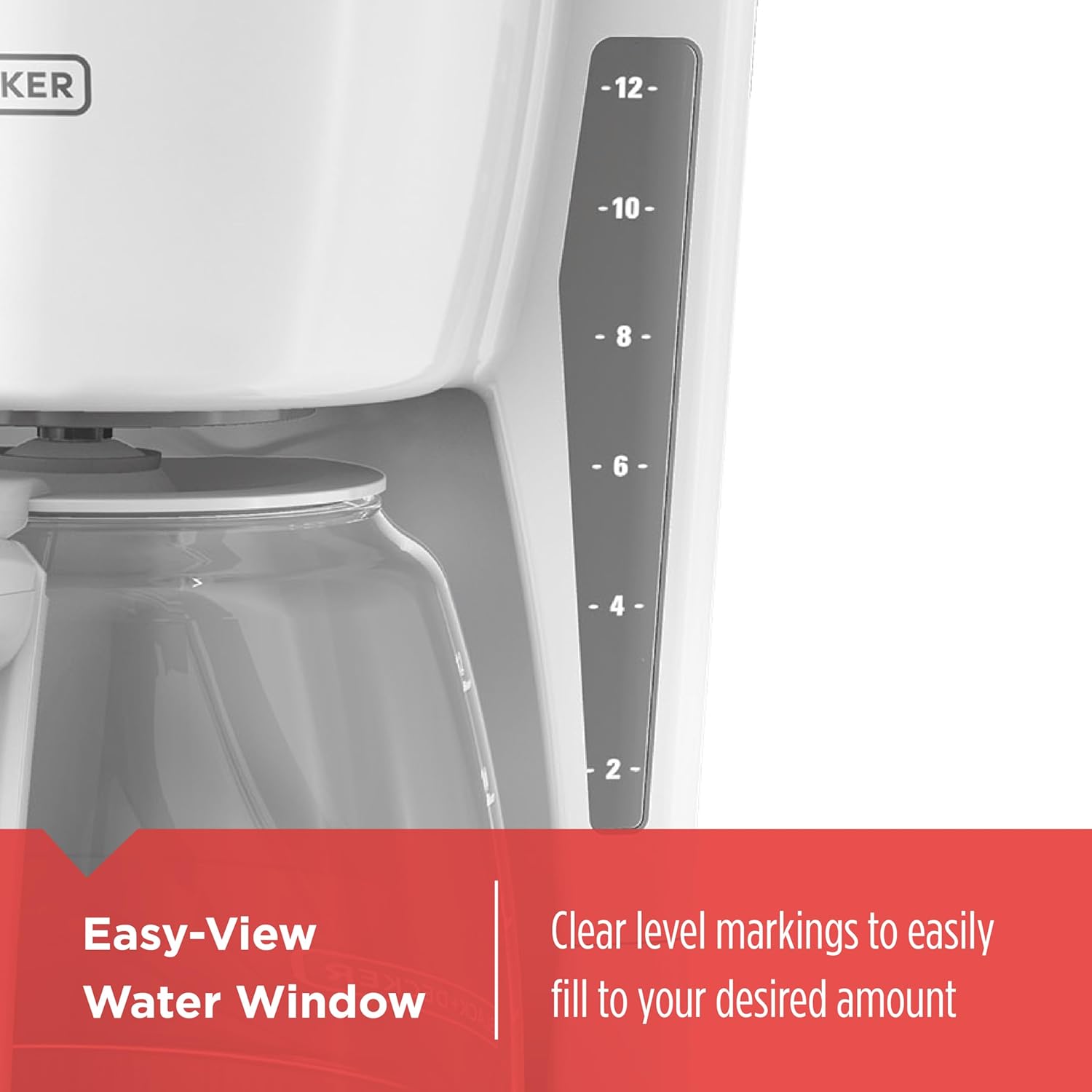 Coffee maker with an easy-view water window and level markings.