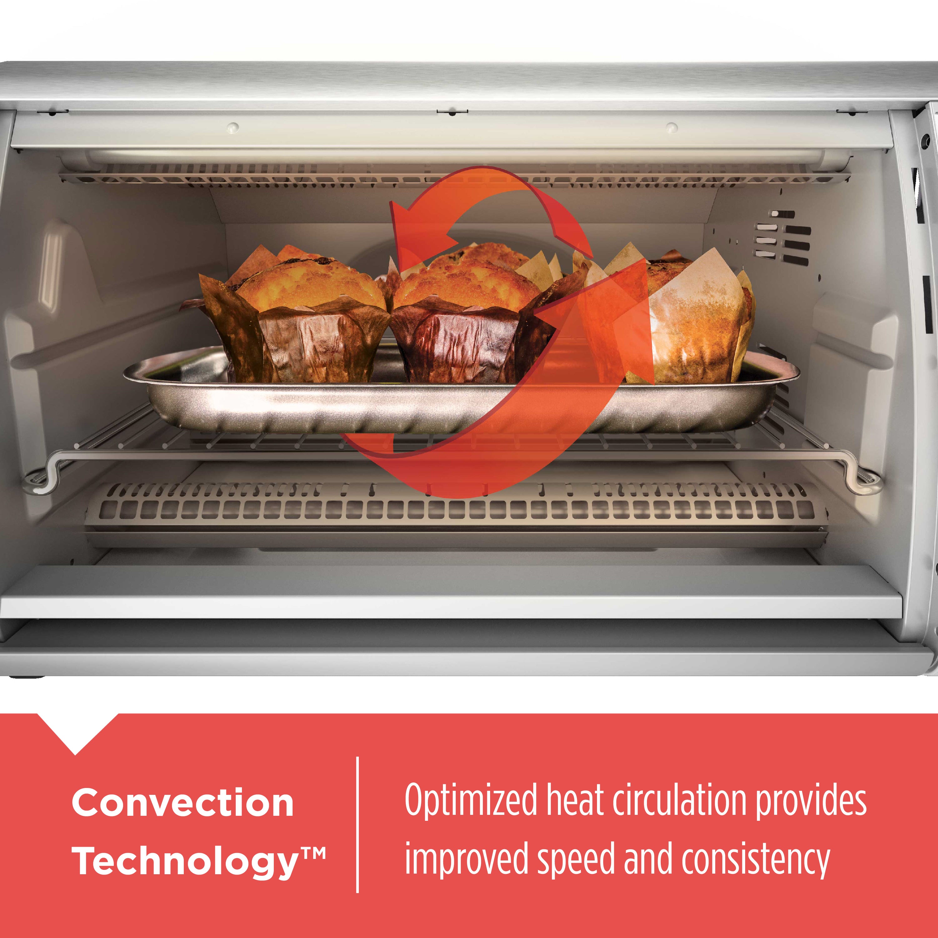 Oven with muffins baking, highlighting convection technology feature.