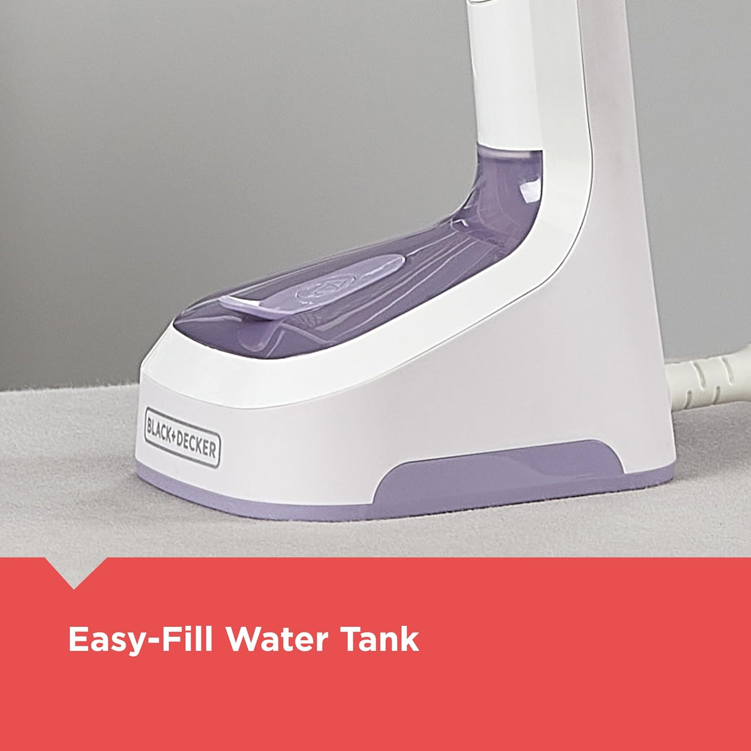 White and purple steam cleaner with 'Black & Decker' branding on an gray background