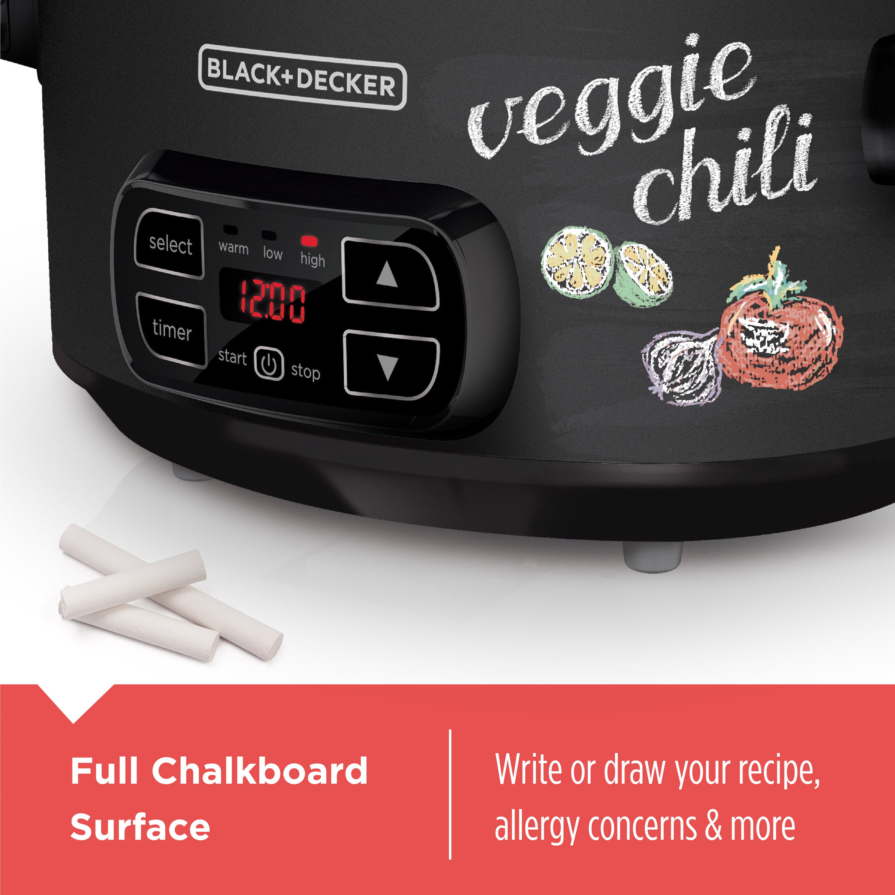 Black+Decker crock pot with a chalkboard surface displaying 'veggie chili' and control panel.
