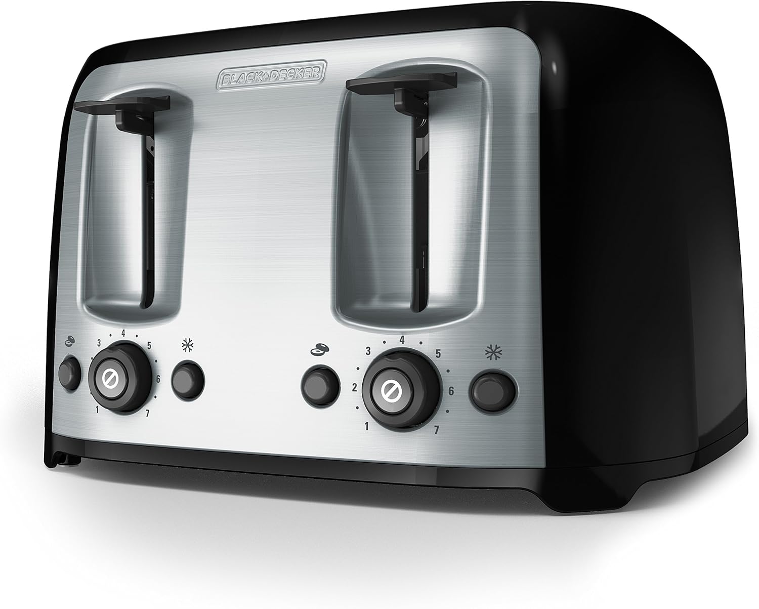 Black and silver toaster on a white background