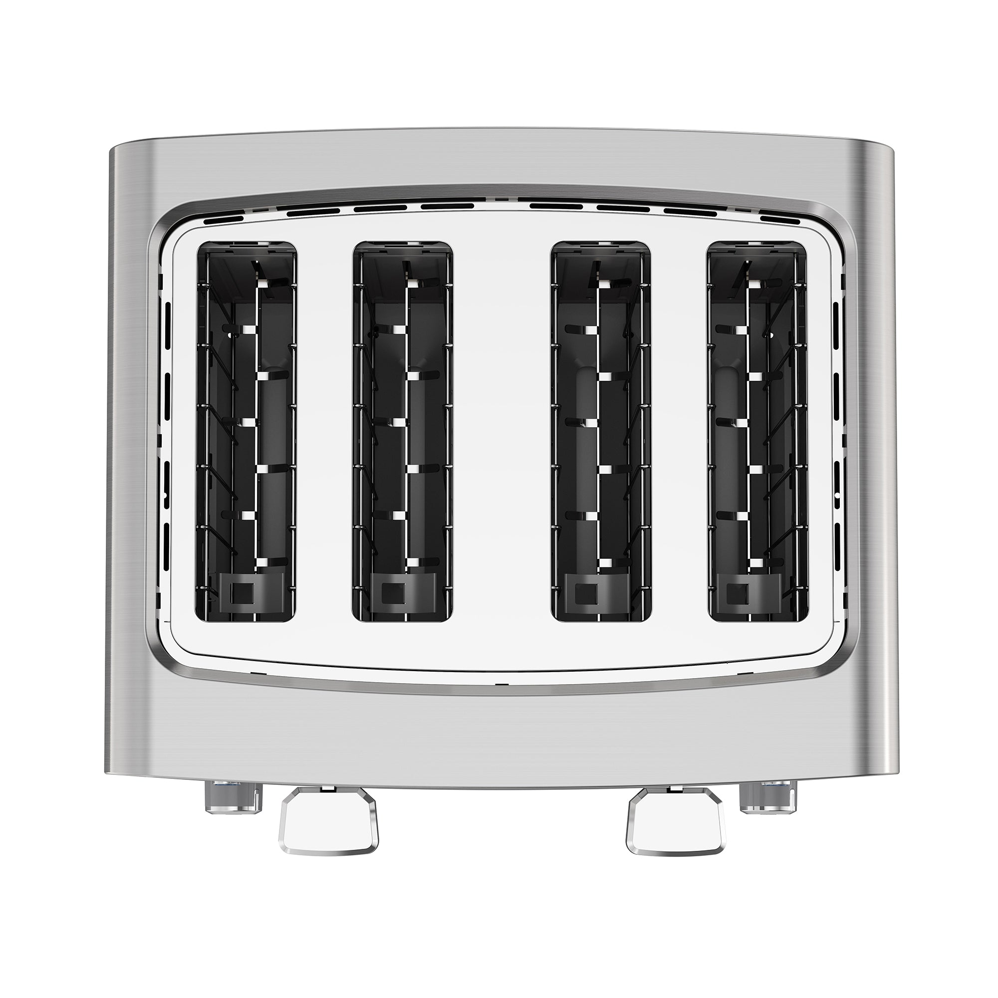 Silver toaster with four slots on a white background