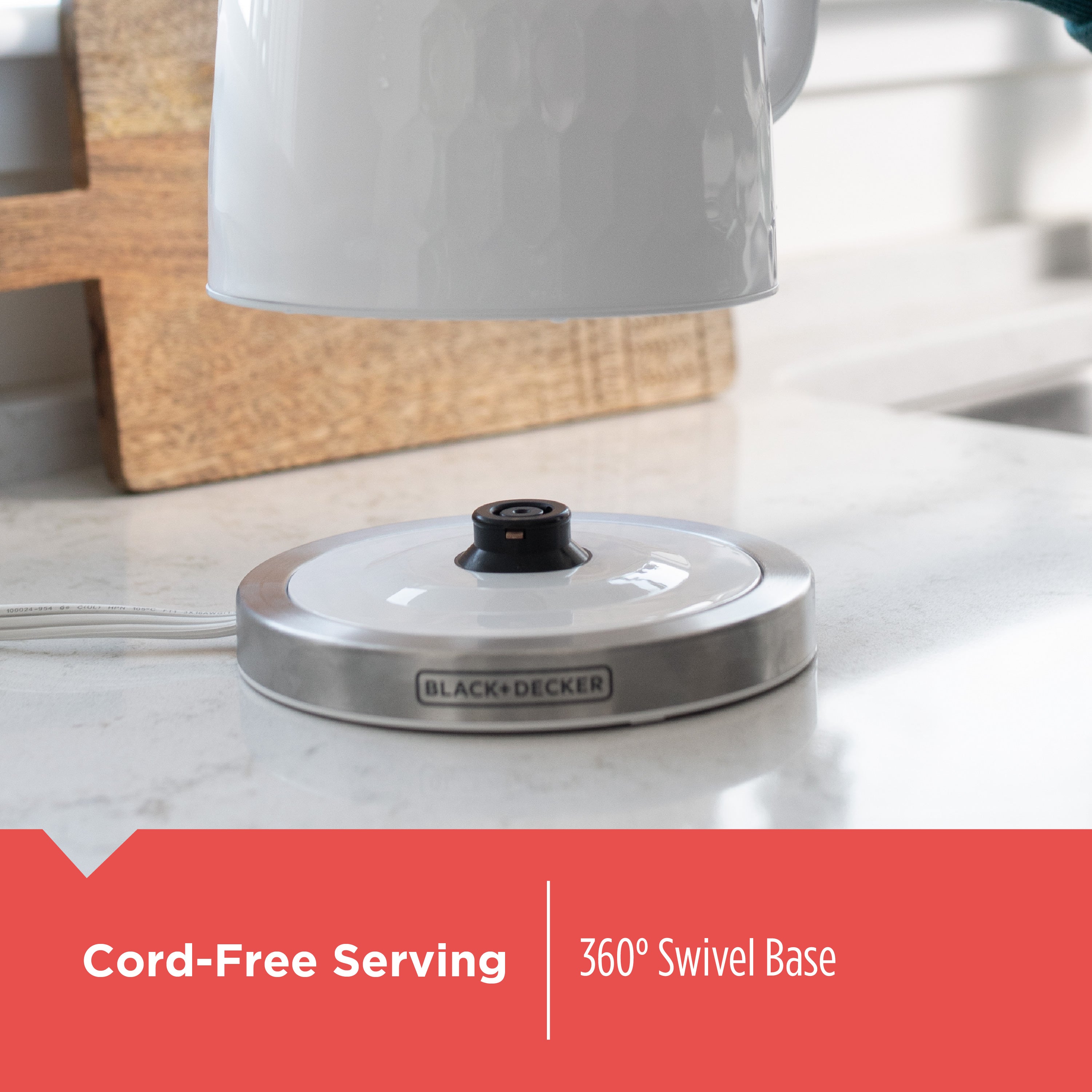 Black+Decker cordless serving appliance on a kitchen counter with 'Cord-Free Serving' and '360° Swivel Base' text.