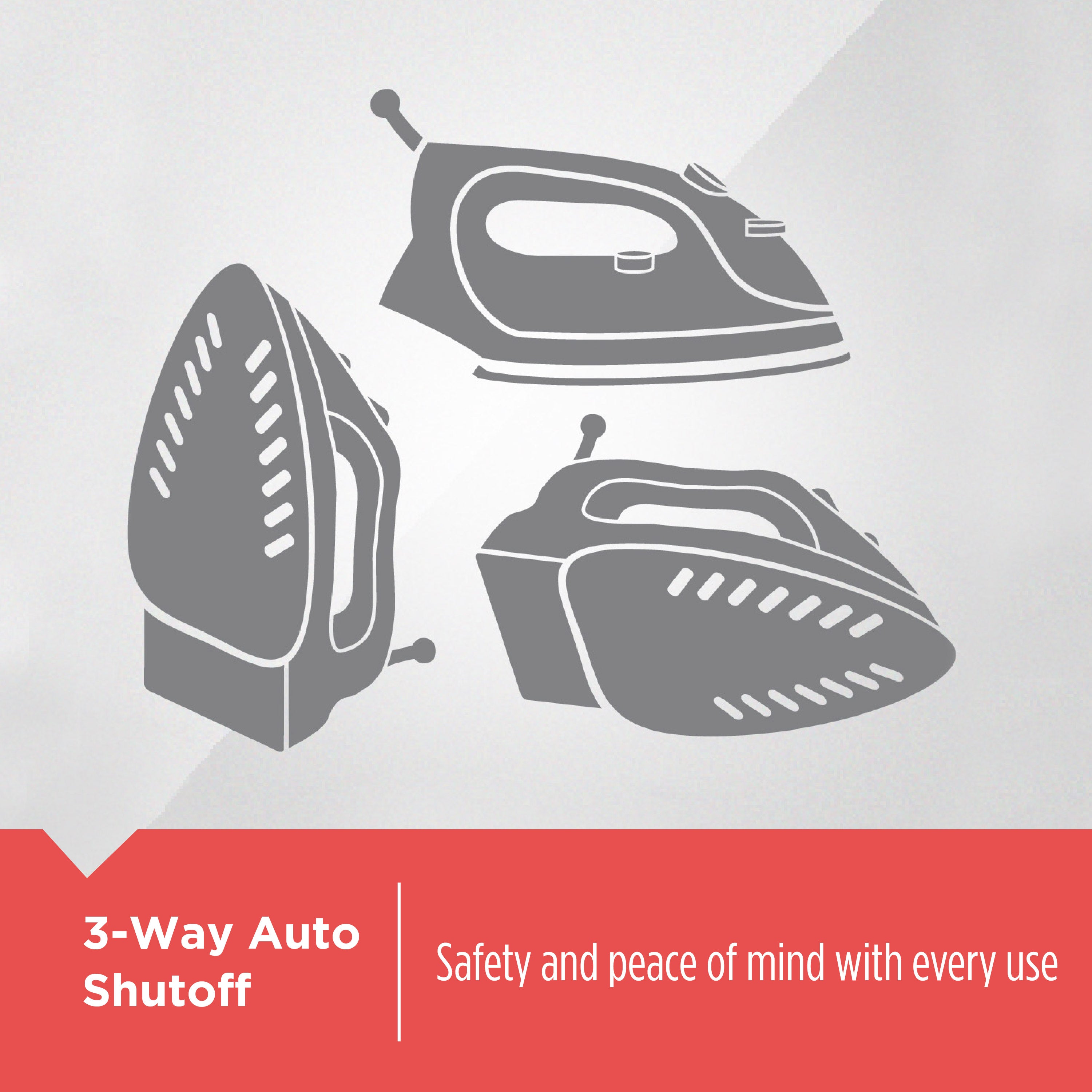 Gray icons of an iron on a light gray background with text about a 3-way auto shutoff feature.