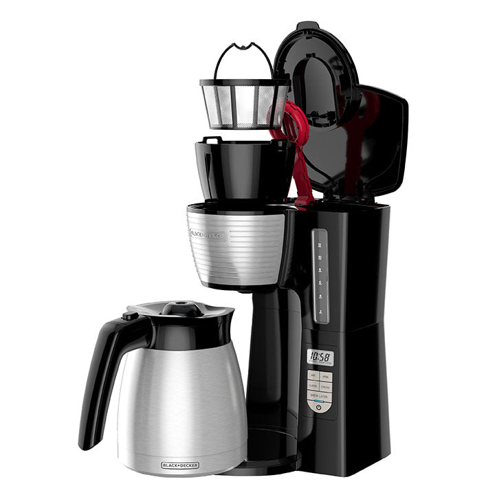 Black and silver coffee maker with a carafe on a white background