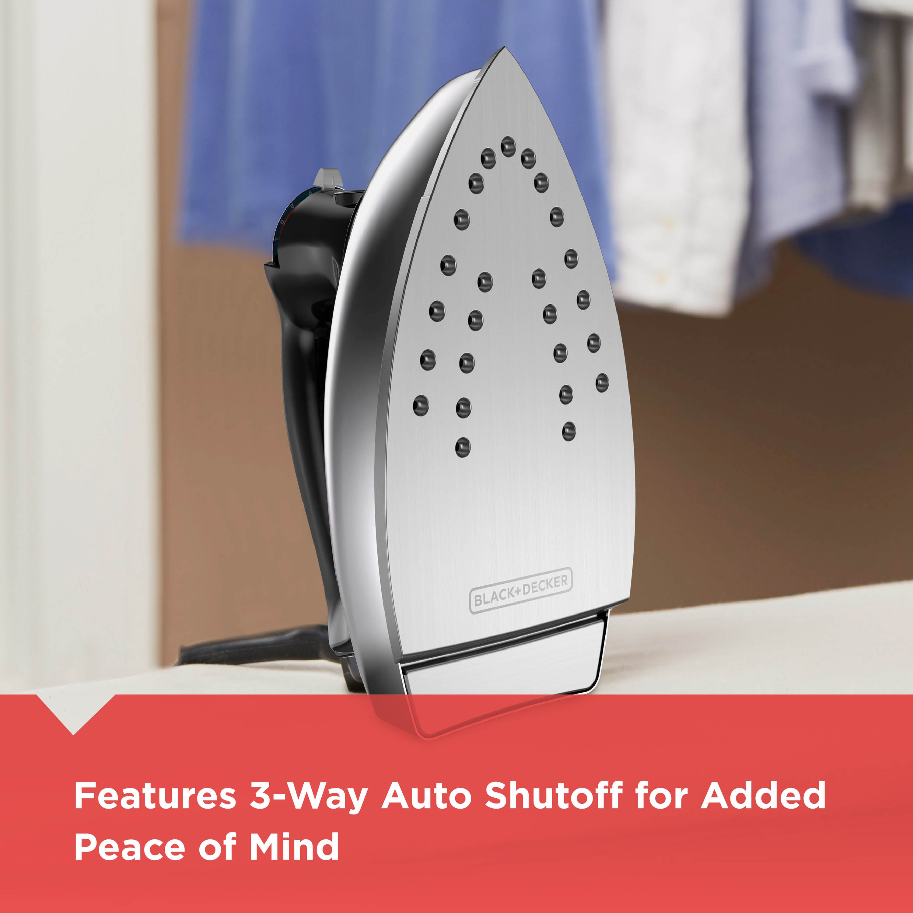 Black & Decker iron on a table with text about 3-way auto shutoff