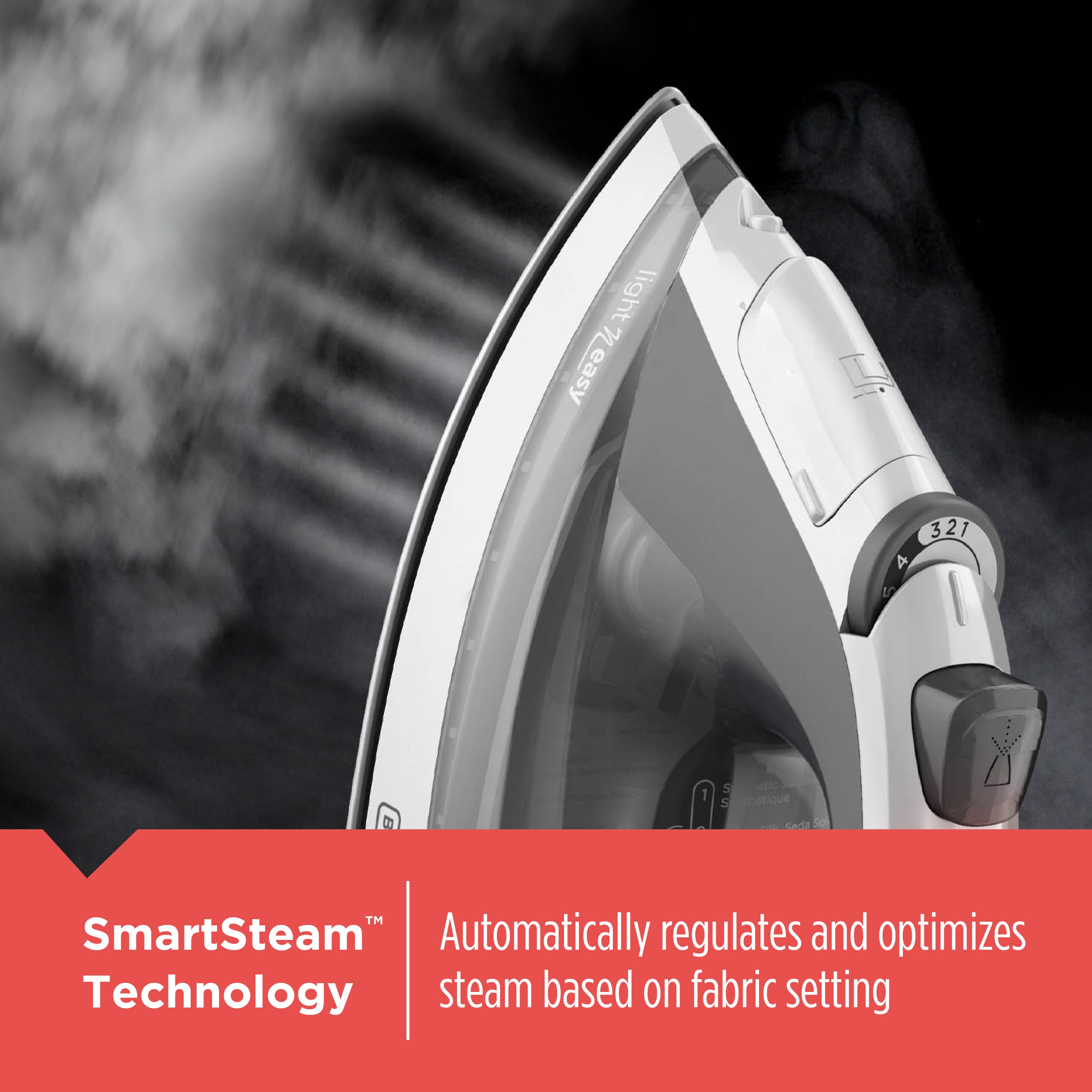 White iron with steam release valve on a dark background, featuring SmartSteam Technology text.