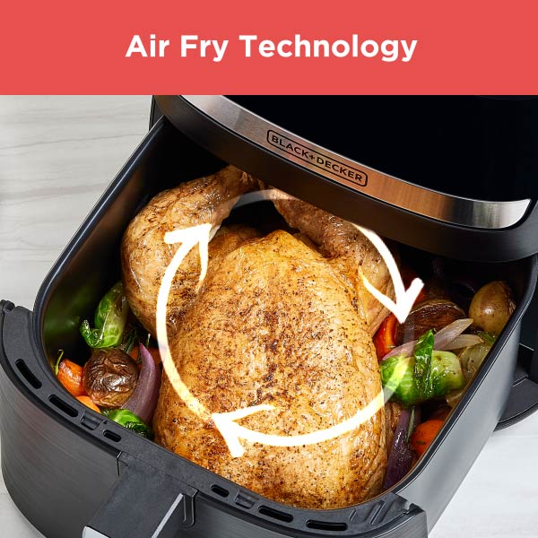 Black & Decker air fryer with roasted chicken and vegetables inside, labeled 'Air Fry Technology'.