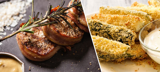 Bacon Wrapped Pork Medallions, Herb Roasted Fingerling Potatoes and Zucchini Fries