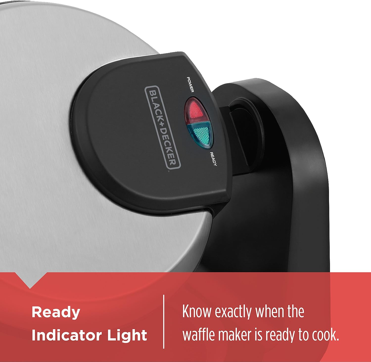 Black+Decker waffle maker with indicator light on a white background