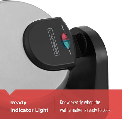 Black+Decker waffle maker with indicator light on a white background
