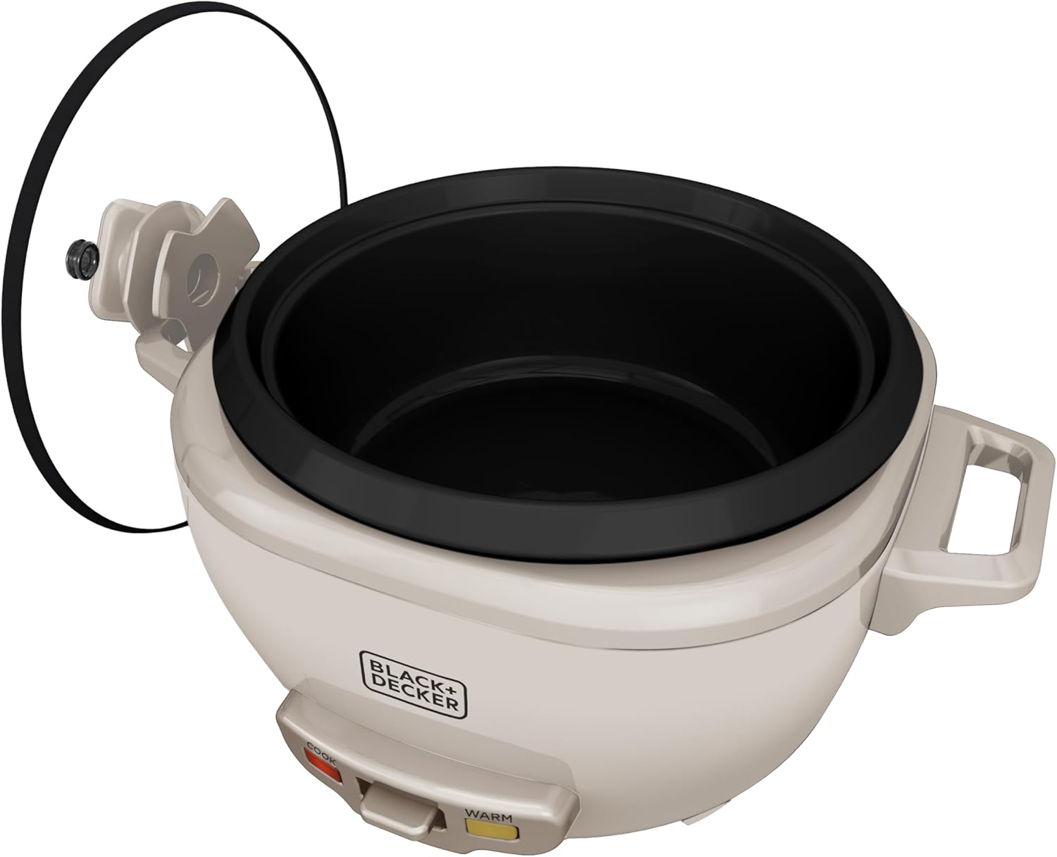 Portable electric rice cooker with black interior on a white background, featuring the Black & Decker brand.