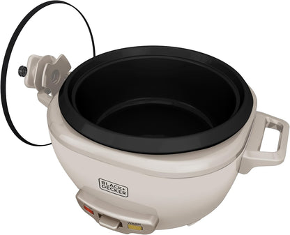 Portable electric rice cooker with black interior on a white background, featuring the Black & Decker brand.