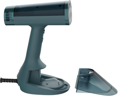 Green handheld steamer with a separate nozzle on a white background