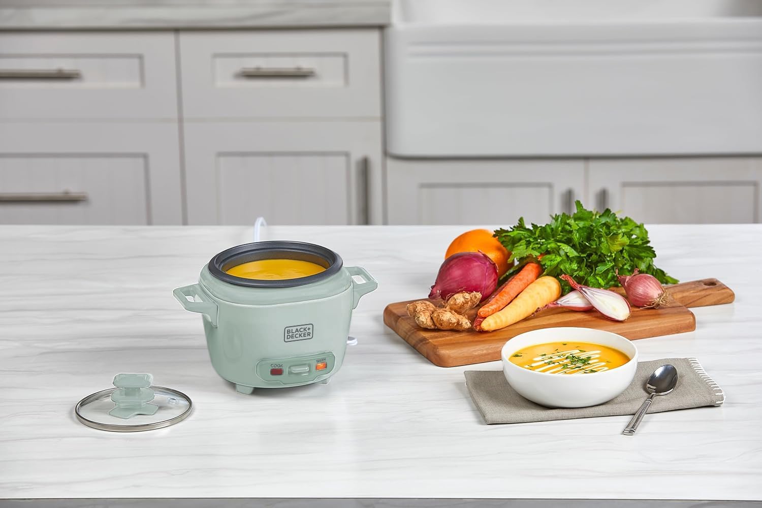 Small rice cooker with a bowl of soup on a kitchen counter, surrounded by vegetables.