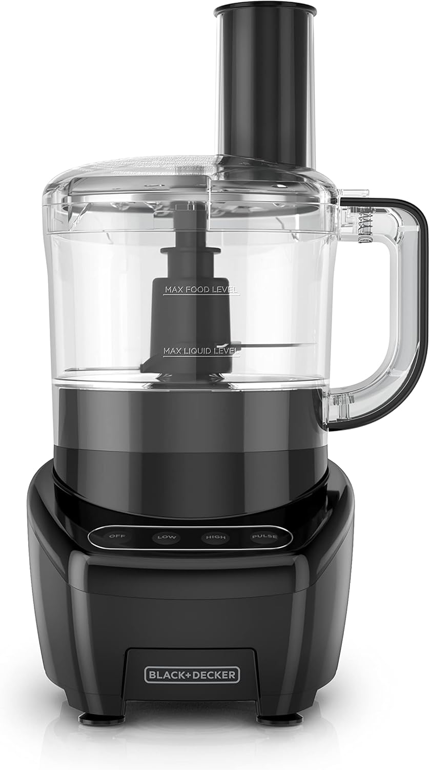 Black food processor on a white background