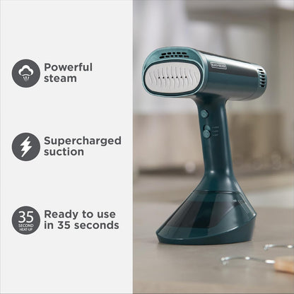 Handheld steamer with features listed on a white background
