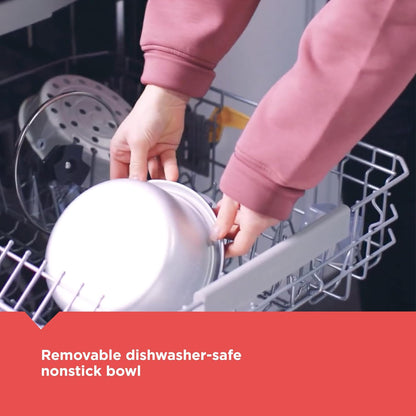 Person removing a white bowl from a dishwasher with text 'Removable dishwasher-safe nonstick bowl'.