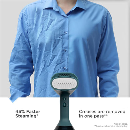 Person wearing a blue shirt with a steam cleaner in front, on a plain background