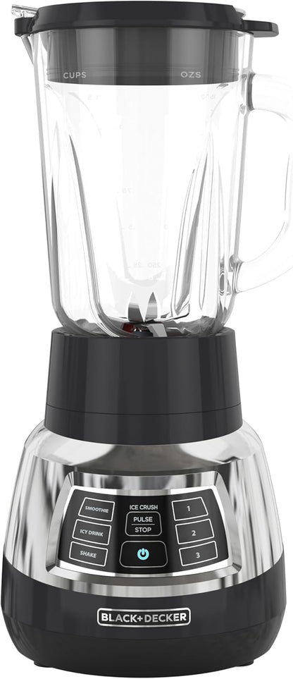 Black and Decker blender with clear container on a white background