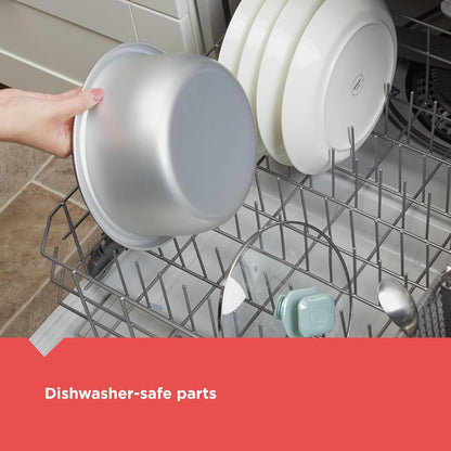 Person placing a pot into a dishwasher with a red banner at the bottom.