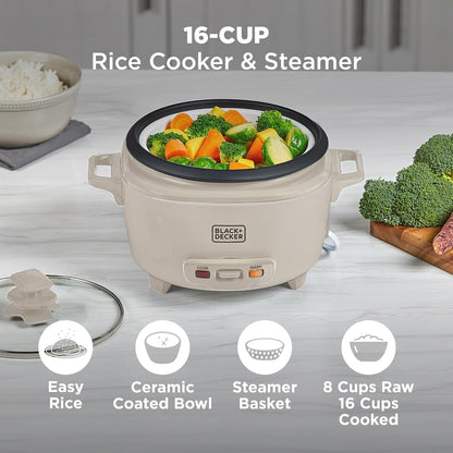 16-cup rice cooker and steamer with vegetables on a kitchen counter