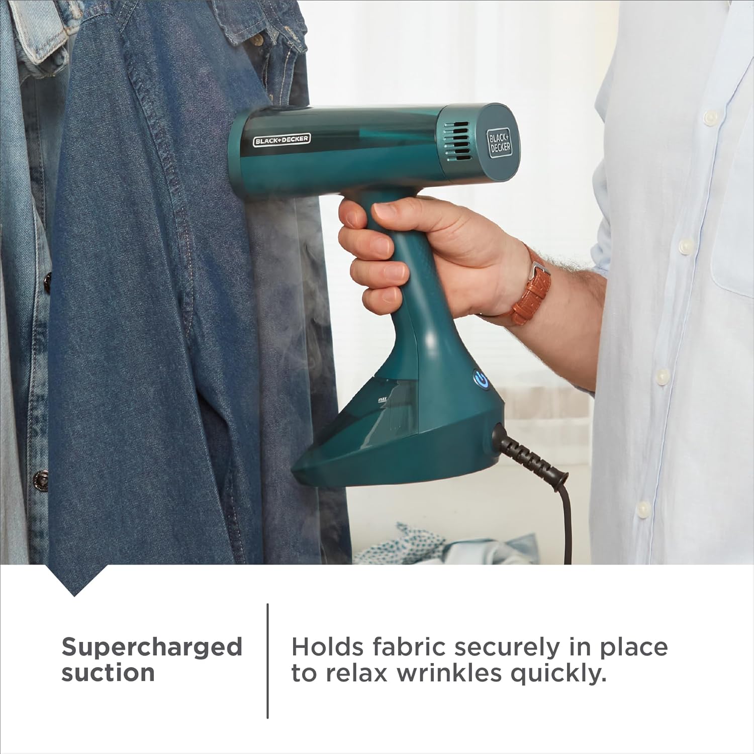 Person using a green hair dryer on a denim shirt with text about supercharged suction and wrinkle relaxation.