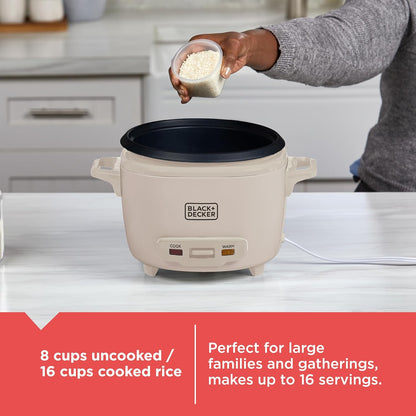 Person adding rice to a Black+Decker rice cooker with text about capacity and usage.