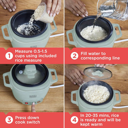Step-by-step guide on using a rice cooker with text instructions.