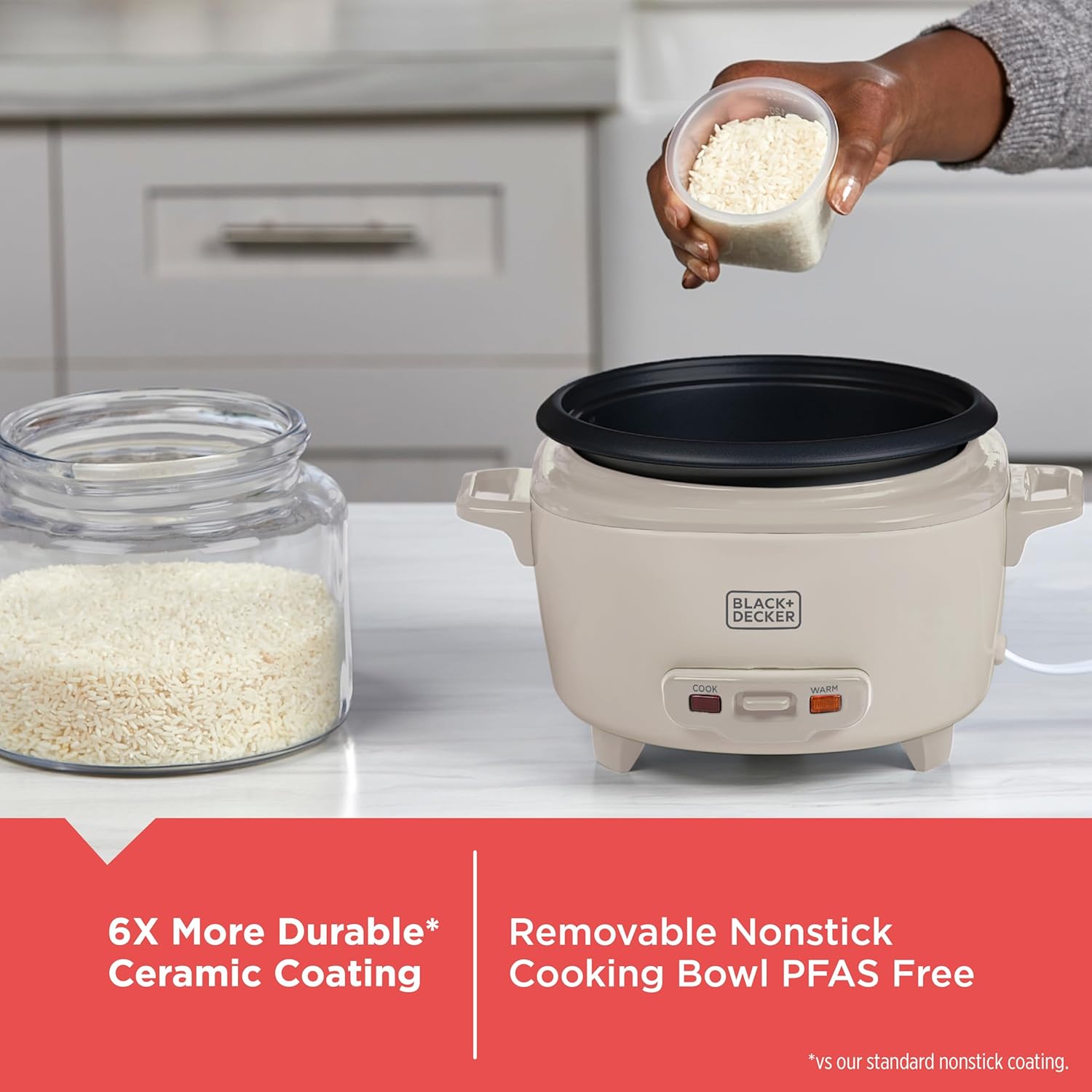 Black+Decker rice cooker with a person adding rice, jar of rice, and text about durability and nonstick coating.