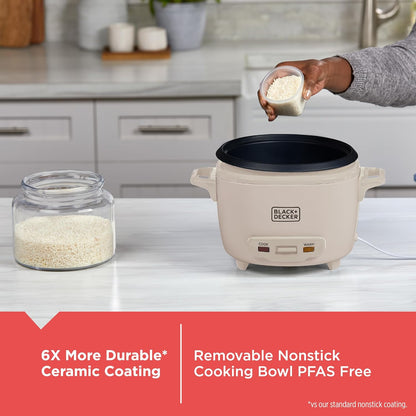 Person pouring rice into a beige rice cooker with text highlighting features on a kitchen counter.