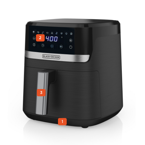 Black air fryer with digital display on a white background