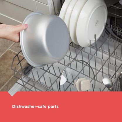 Dishwasher with dishes being removed, highlighting dishwasher-safe parts.