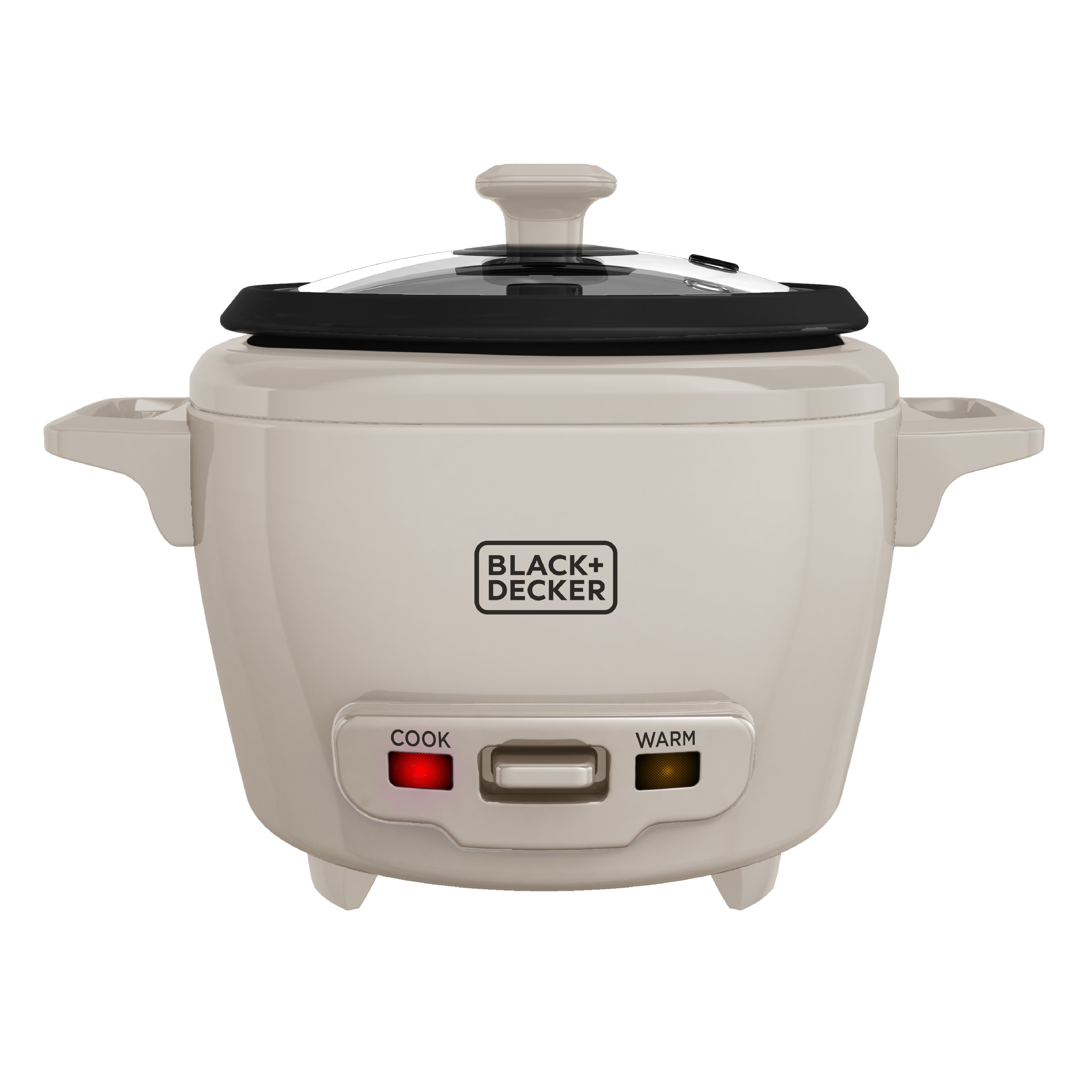 Beige rice cooker with black lid on a white background, featuring Black+Decker branding.