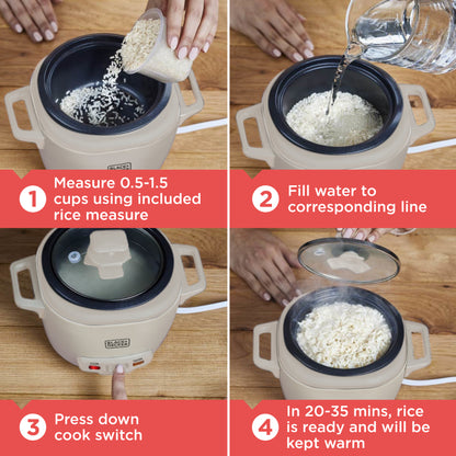 Step-by-step guide on how to use a rice cooker with text instructions.