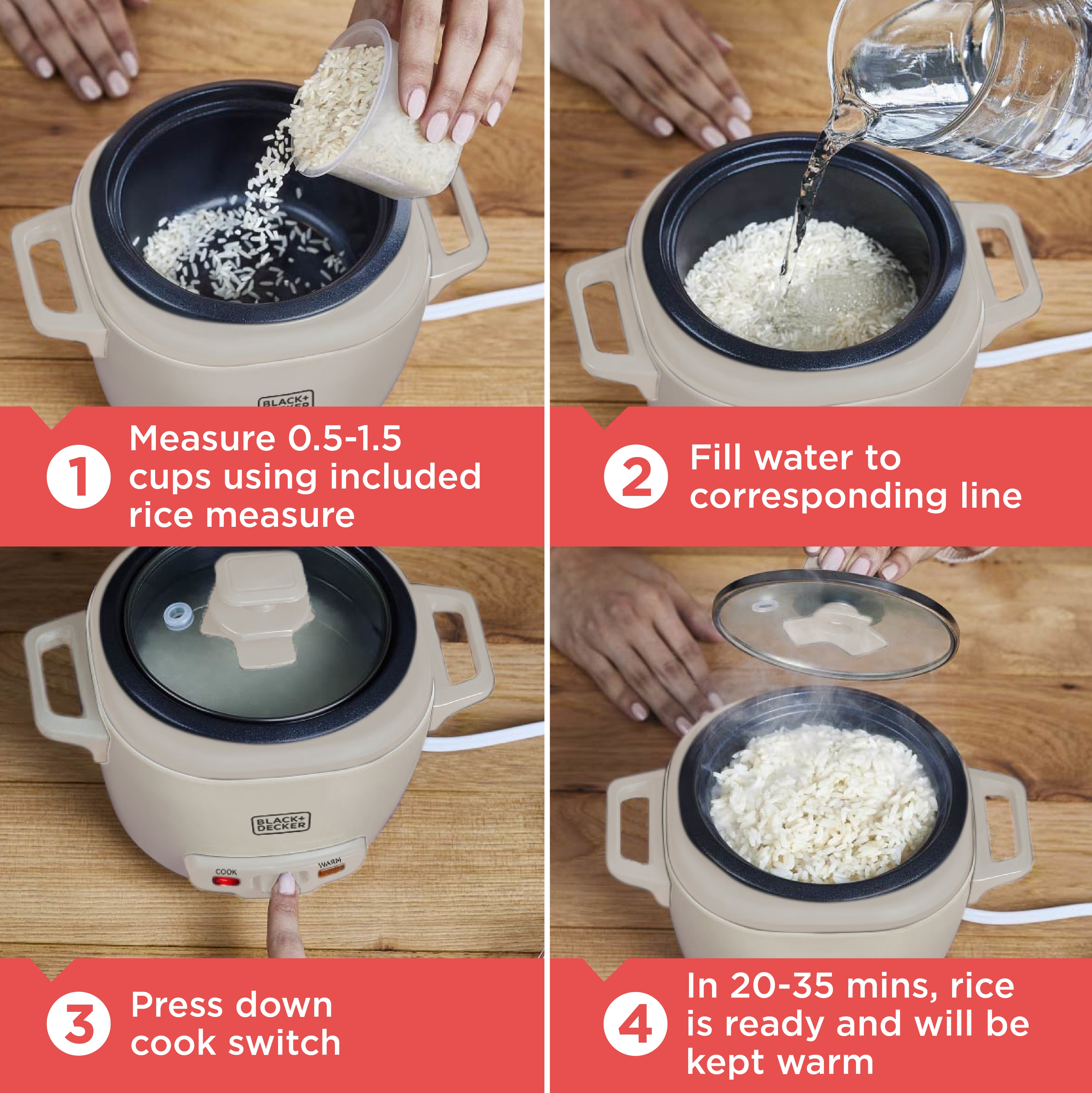 Step-by-step guide on how to use a rice cooker with text instructions.