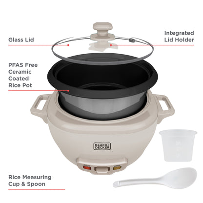 Black+Decker rice cooker with labeled features on a white background