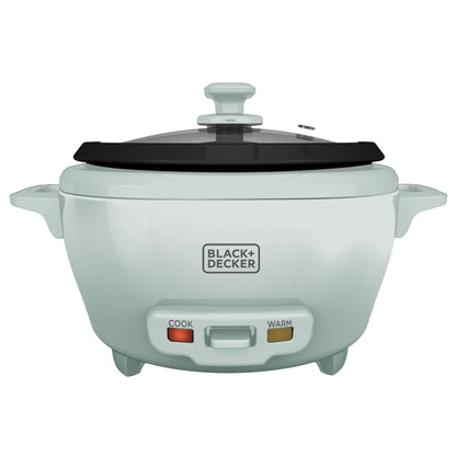 White rice cooker with black lid on a white background, featuring Black+Decker branding.