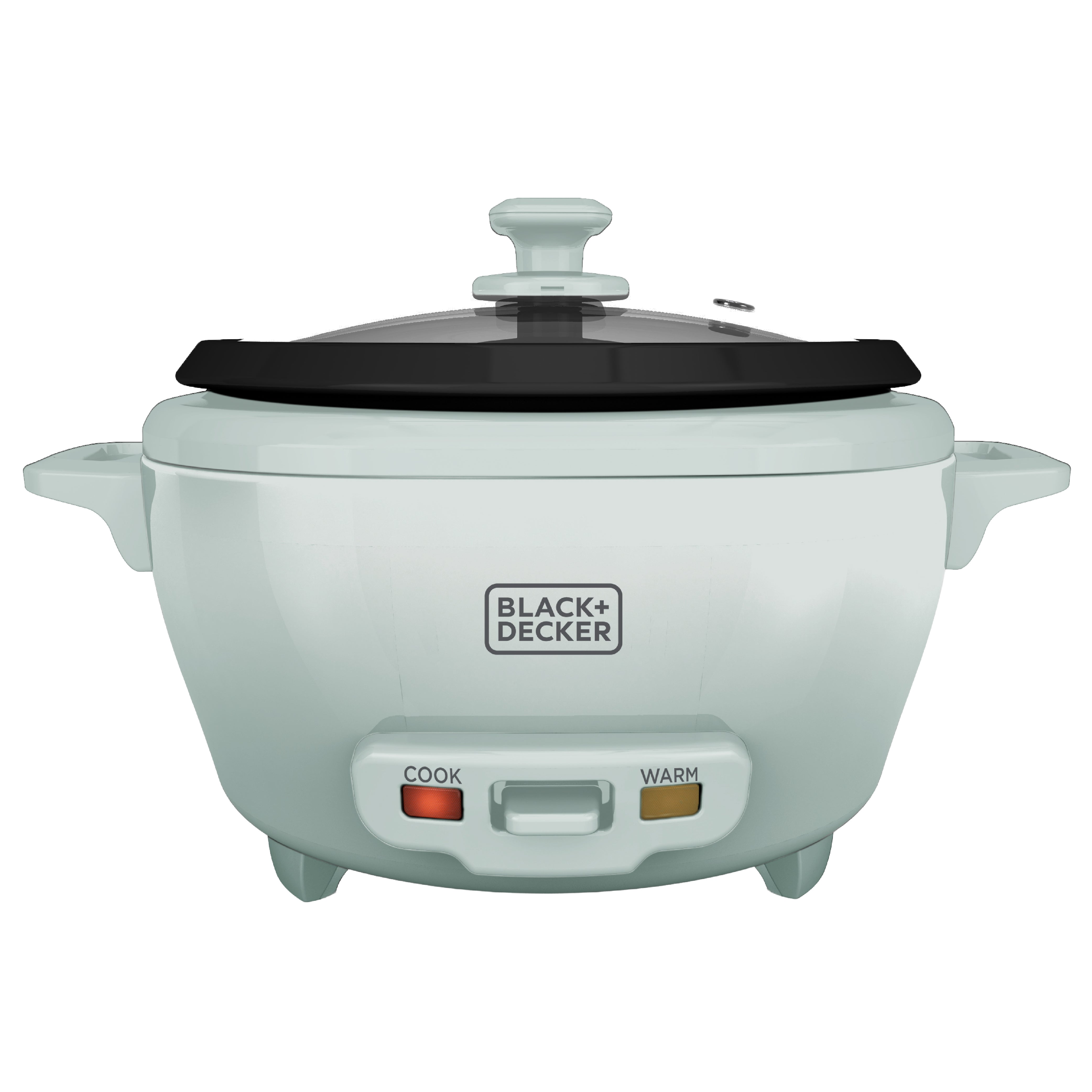 White rice cooker with black lid on a white background, featuring Black+Decker branding.