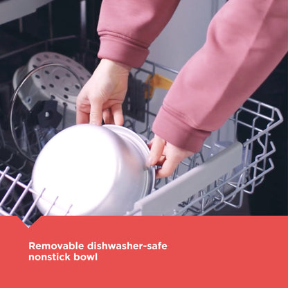 Person removing a dish from a dishwasher with text about a removable dishwasher-safe nonstick bowl.