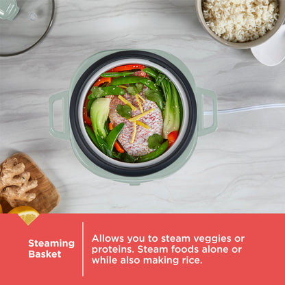 Steam basket with vegetables and protein on a gray surface, accompanied by text about its use.