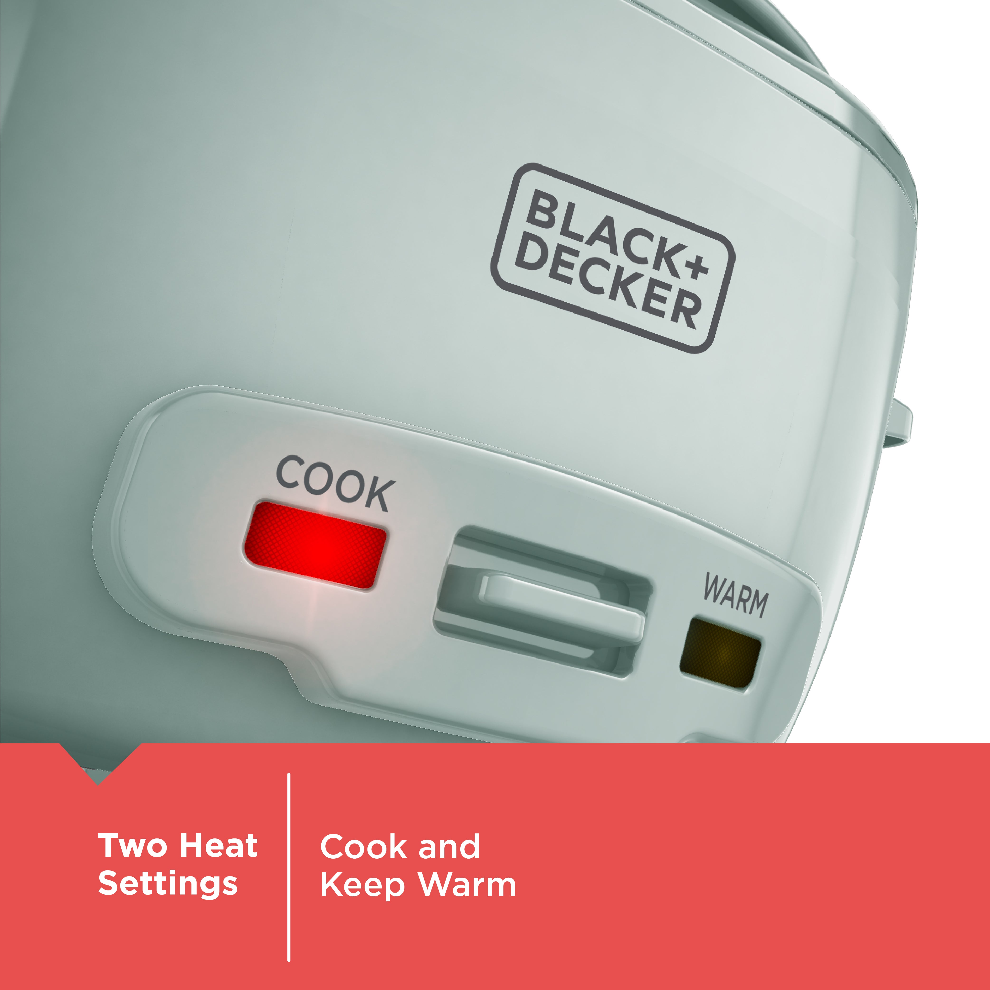 Black+Decker rice cooker with 'Cook' and 'Warm' buttons on a gray background