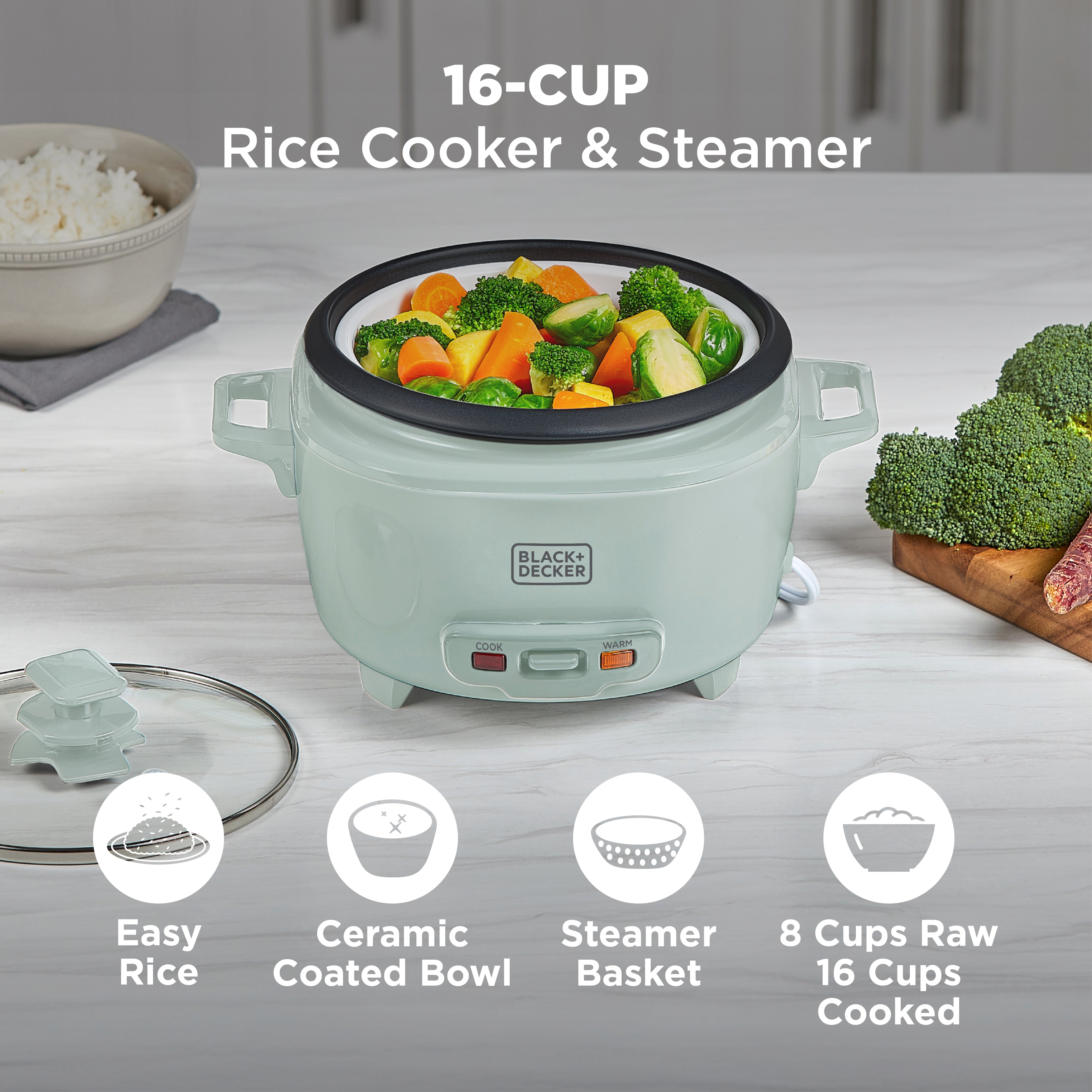 16-cup rice cooker and steamer with vegetables on a kitchen counter