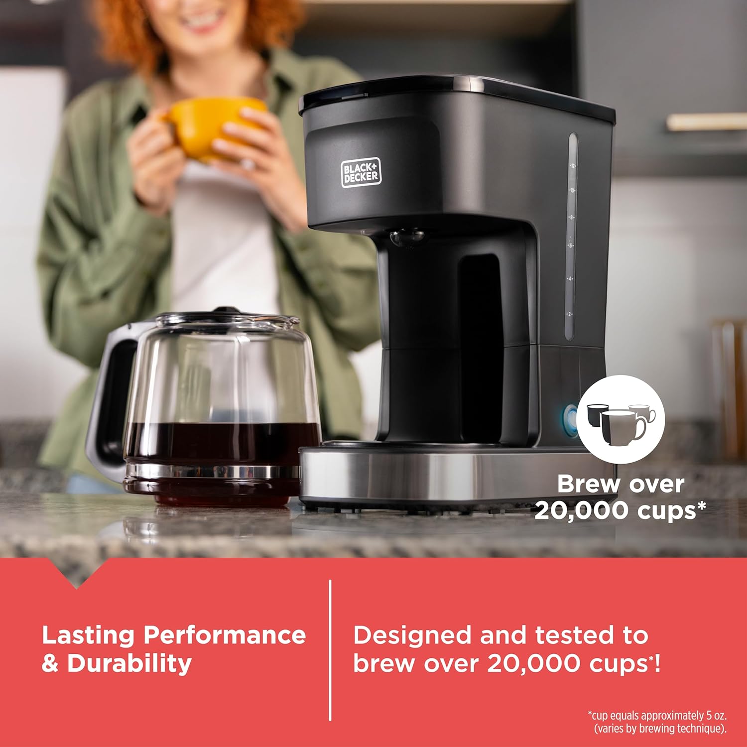 Black and Decker coffee maker on a kitchen counter with a woman holding a cup in the background.