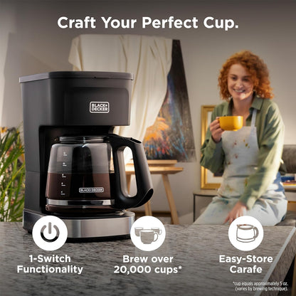 Black & Decker coffee maker with woman holding a cup in a home setting