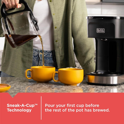 Person pouring coffee from a Black & Decker coffee maker into two yellow cups.